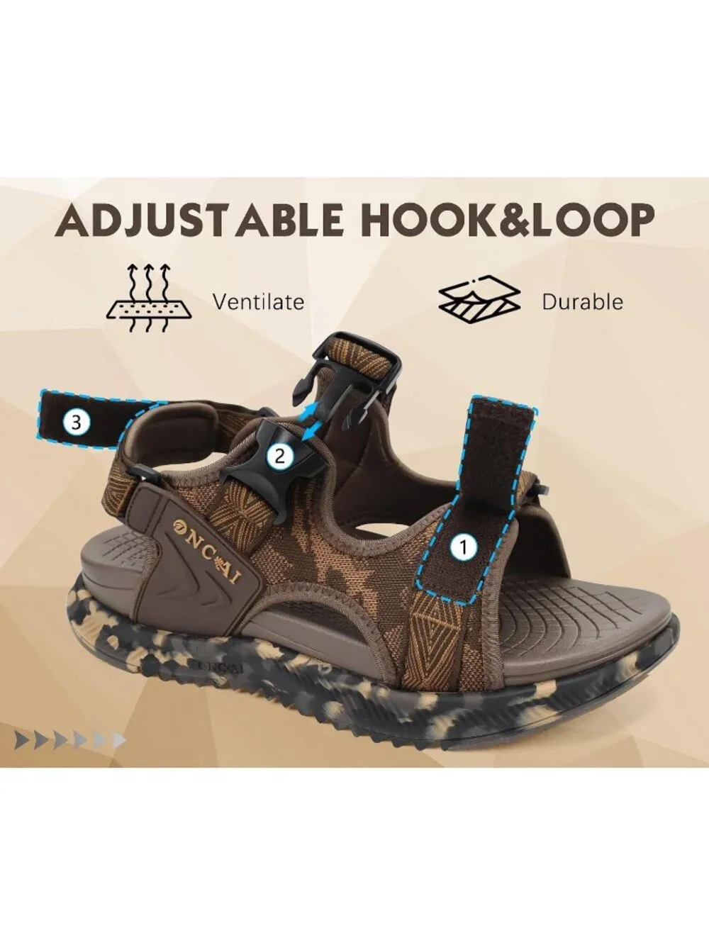 Mens Brown Camo Orthopedic Recovery Camouflage Mesh Athletic Hiking Sandal Shoes